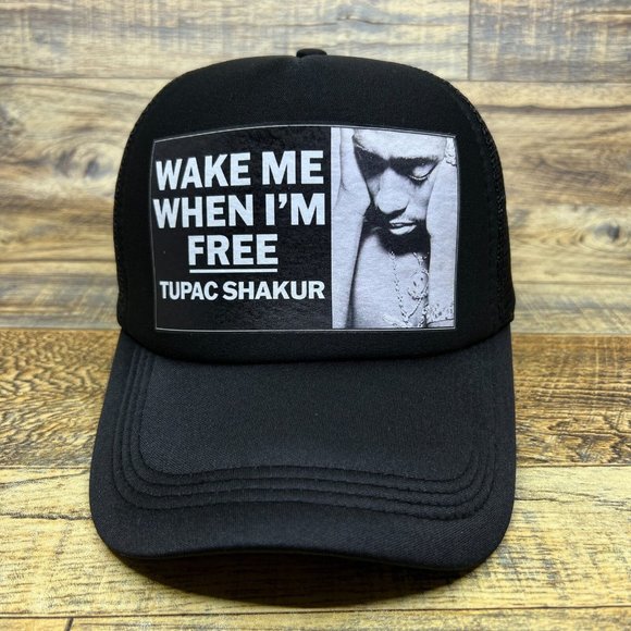 Tupac Mens Trucker Hat Black Snapback Wake Me When I'm Free 90s Hip Hop Ball Cap - Picture 2 of 8